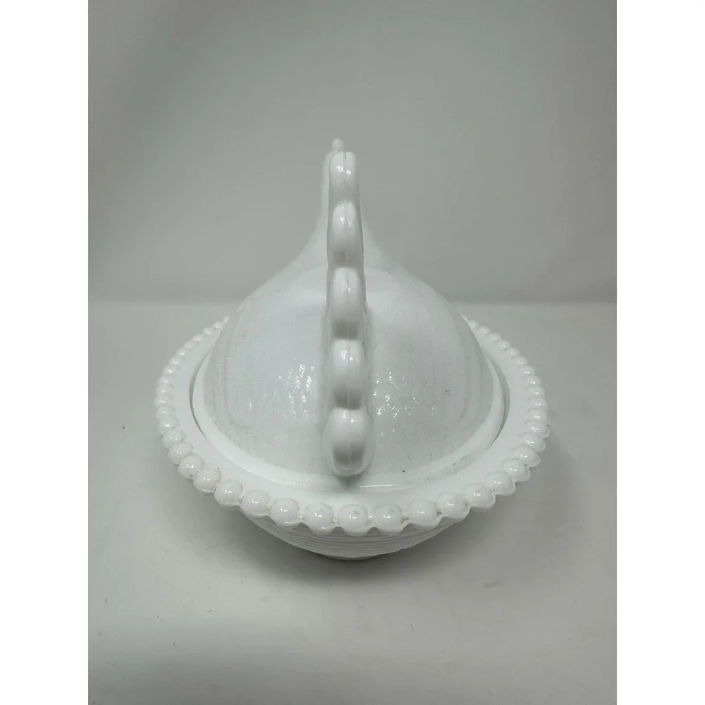 Indiana White Milk Glass RETICULATED Beaded Rim Hen On Nest - VHTF